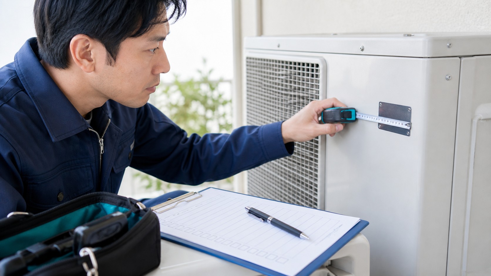 エアコンの型番と大きさを確認して見積もりを準備する様子