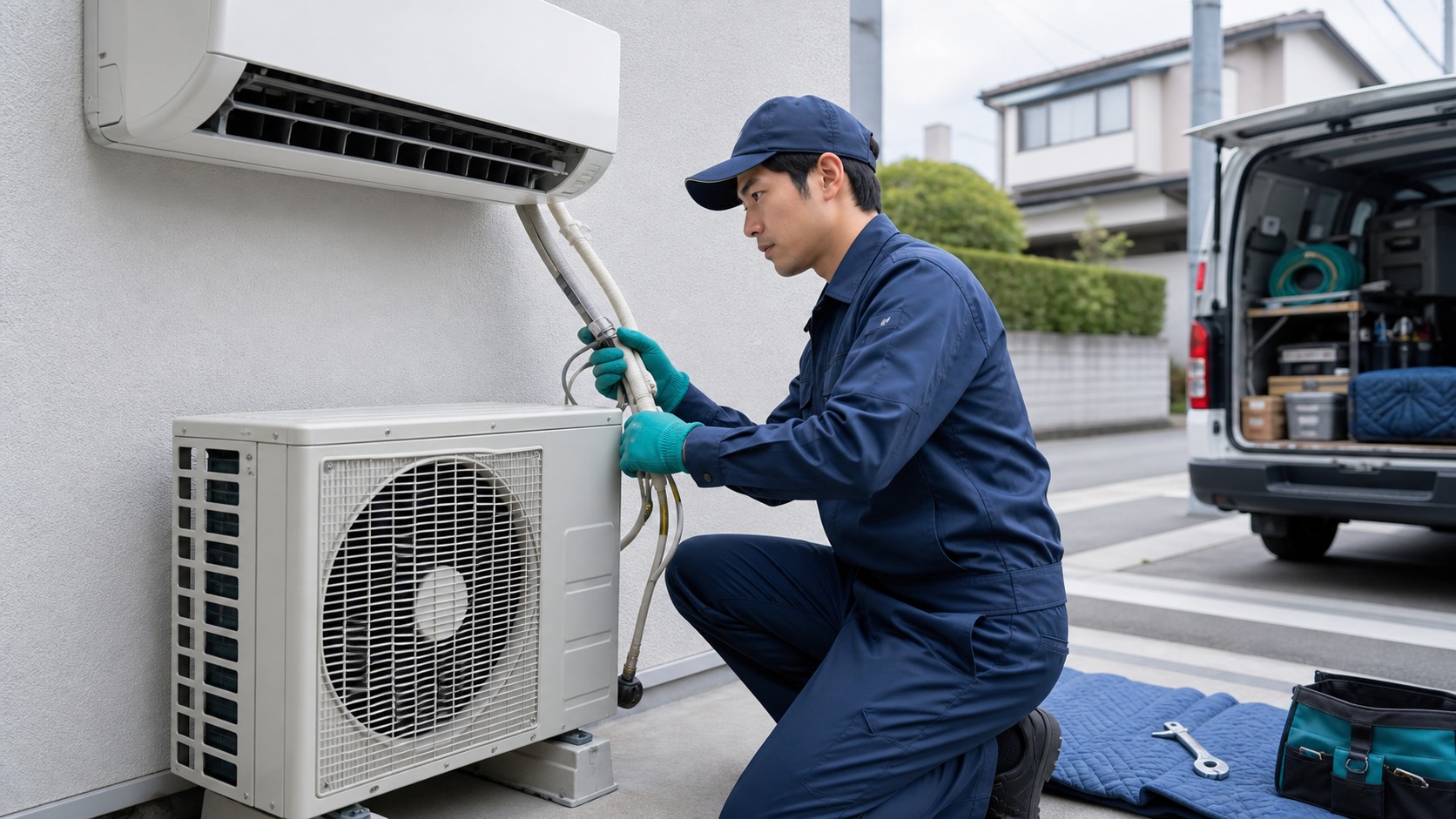 エアコンの室外機と回収車を確認する作業員