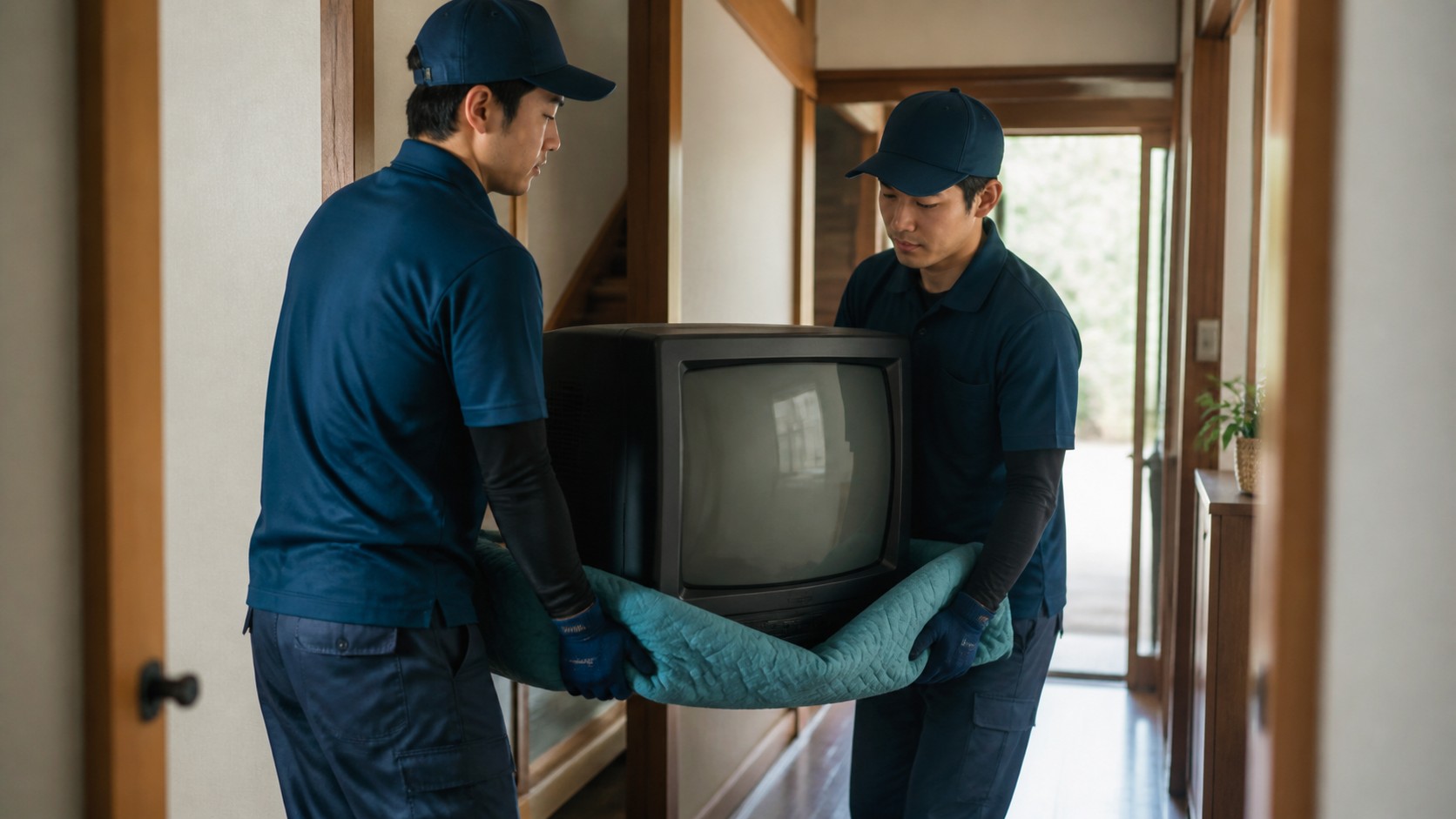 ブラウン管テレビを二人で安全に運ぶイメージ