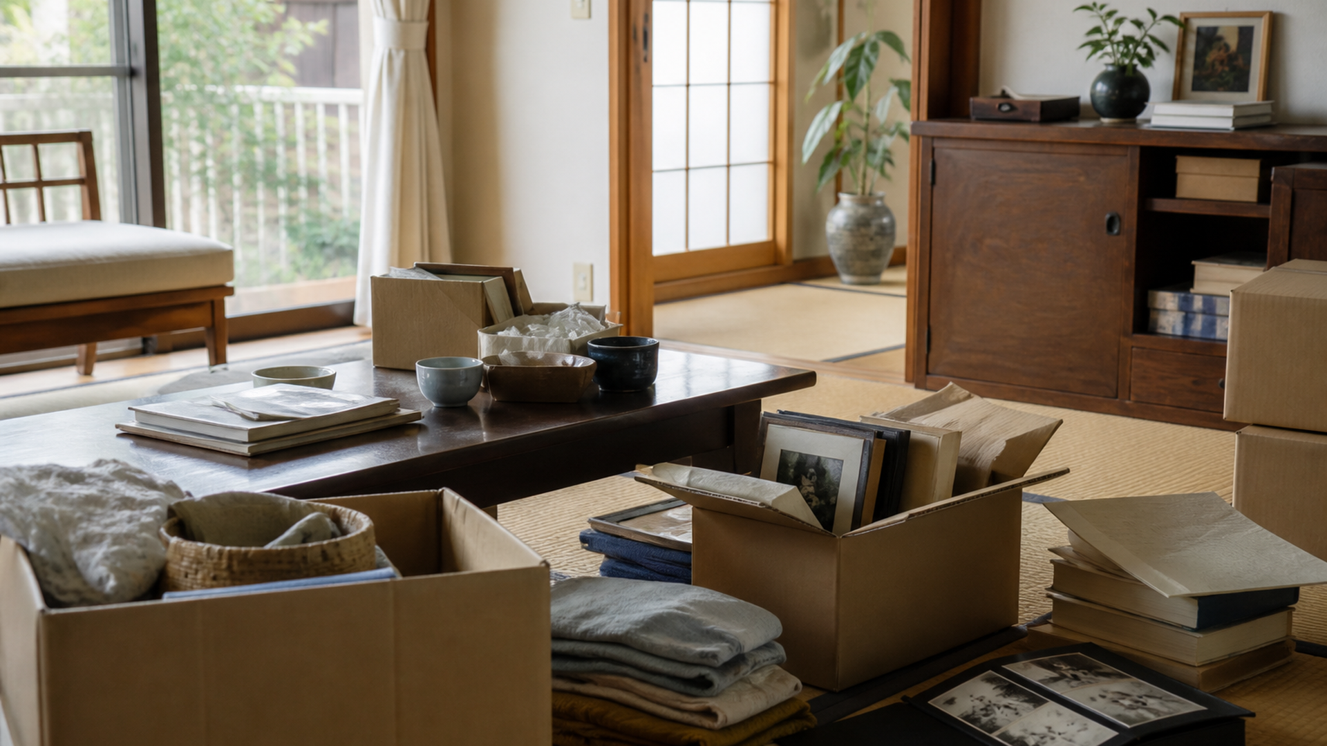 遺品整理の前に部屋で分けた段ボール