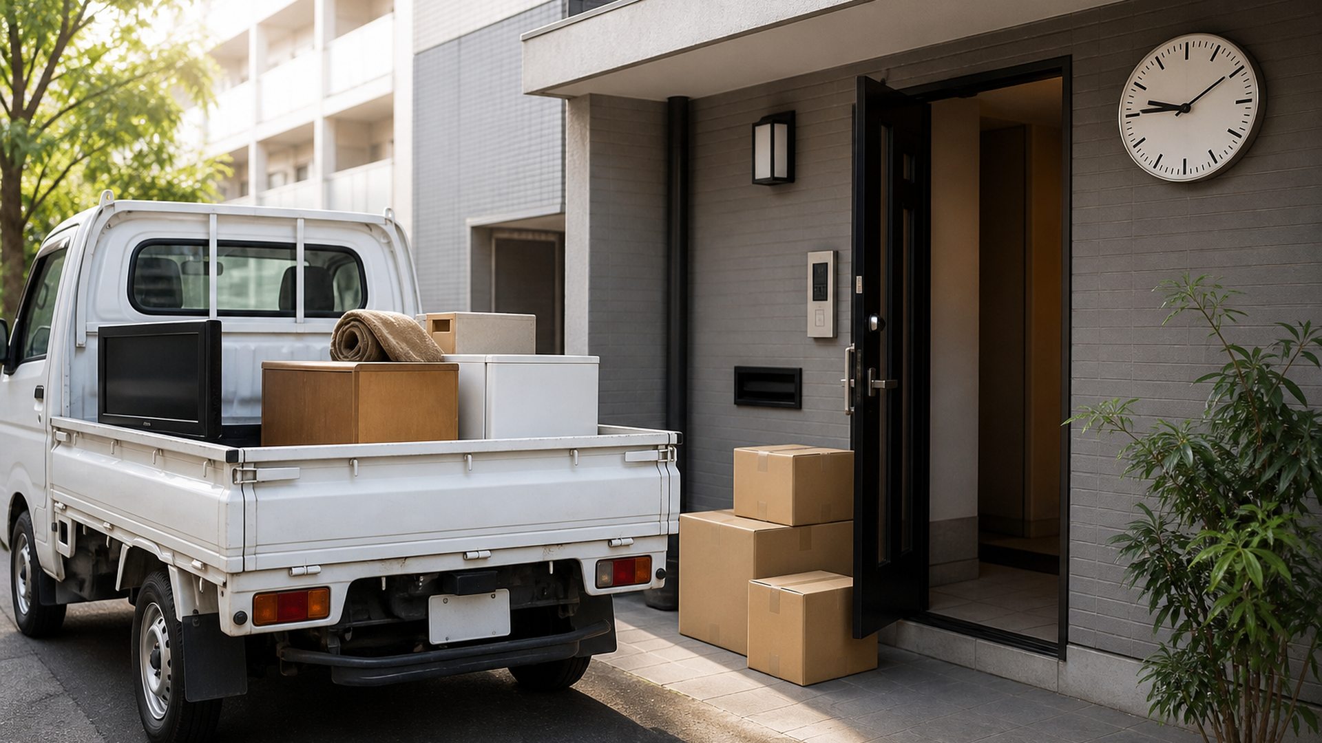 即日の不用品回収を待つ玄関先の段ボールとトラック