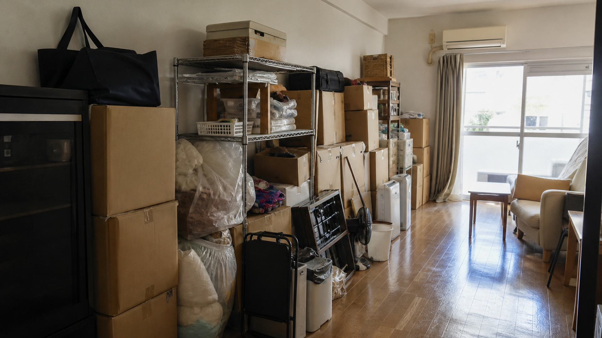 荷物が積まれた部屋の通路