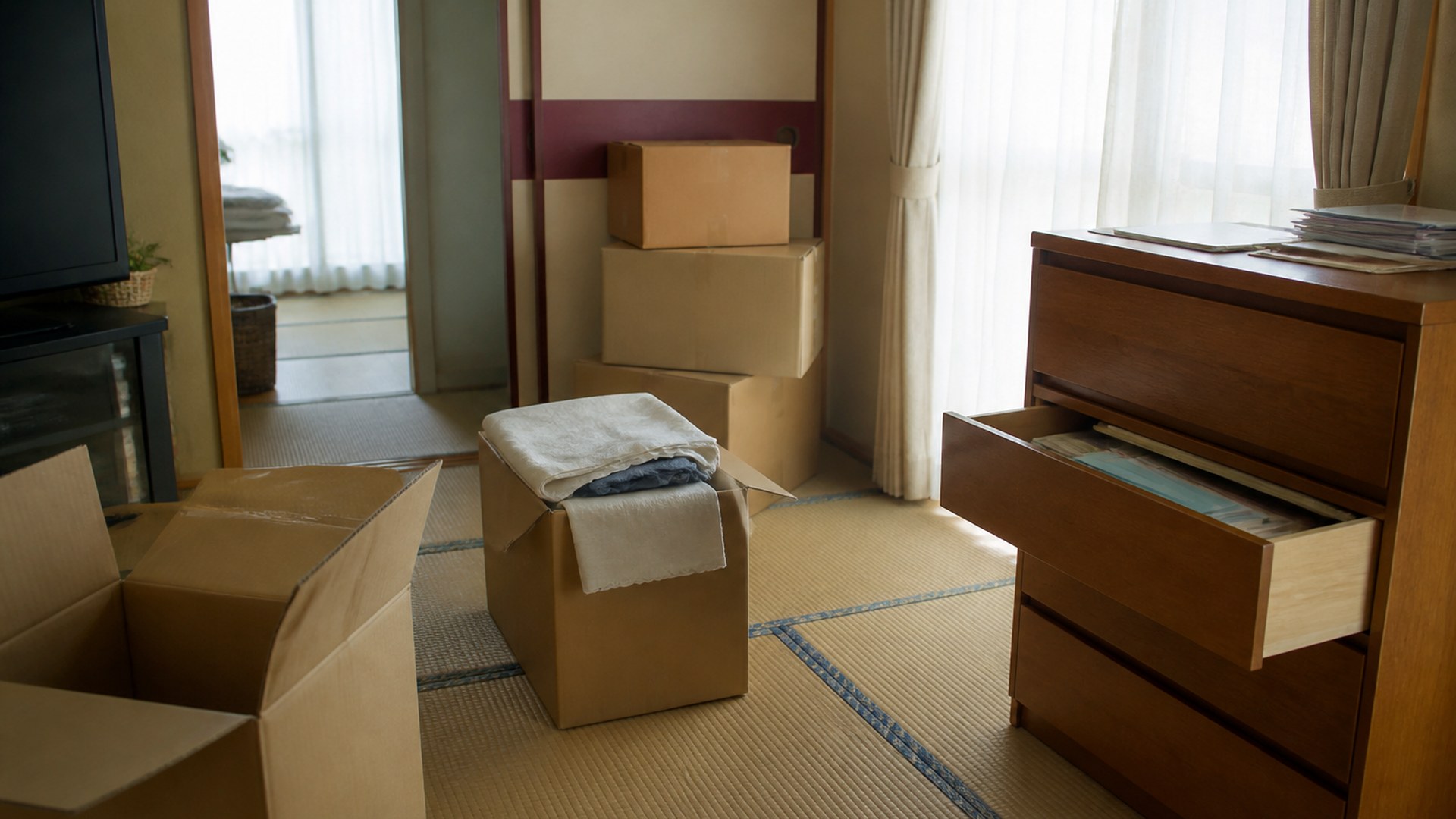 遺品の書類と箱がある静かな部屋
