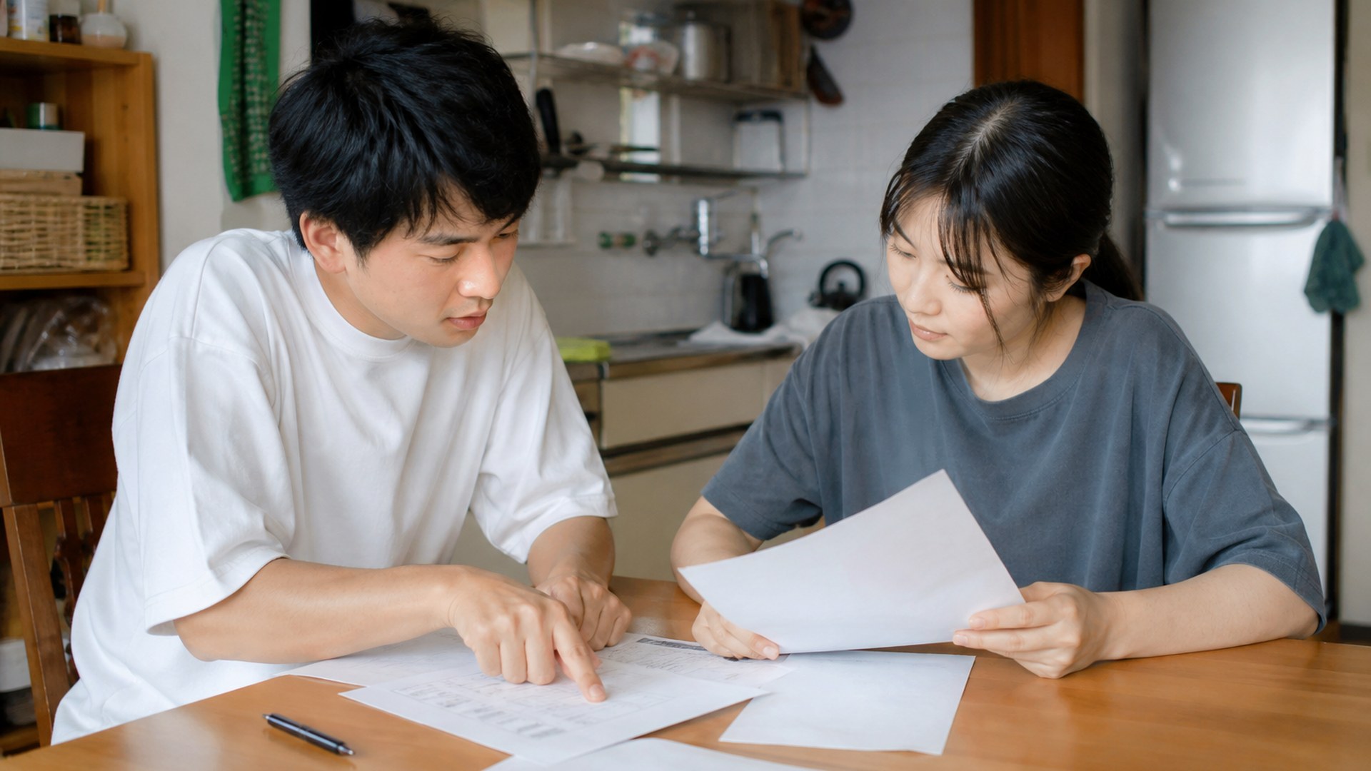 品目リストを二人で見比べる様子