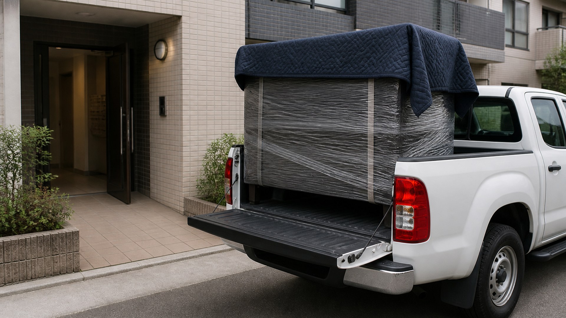 搬出待ちの大型家具と車両