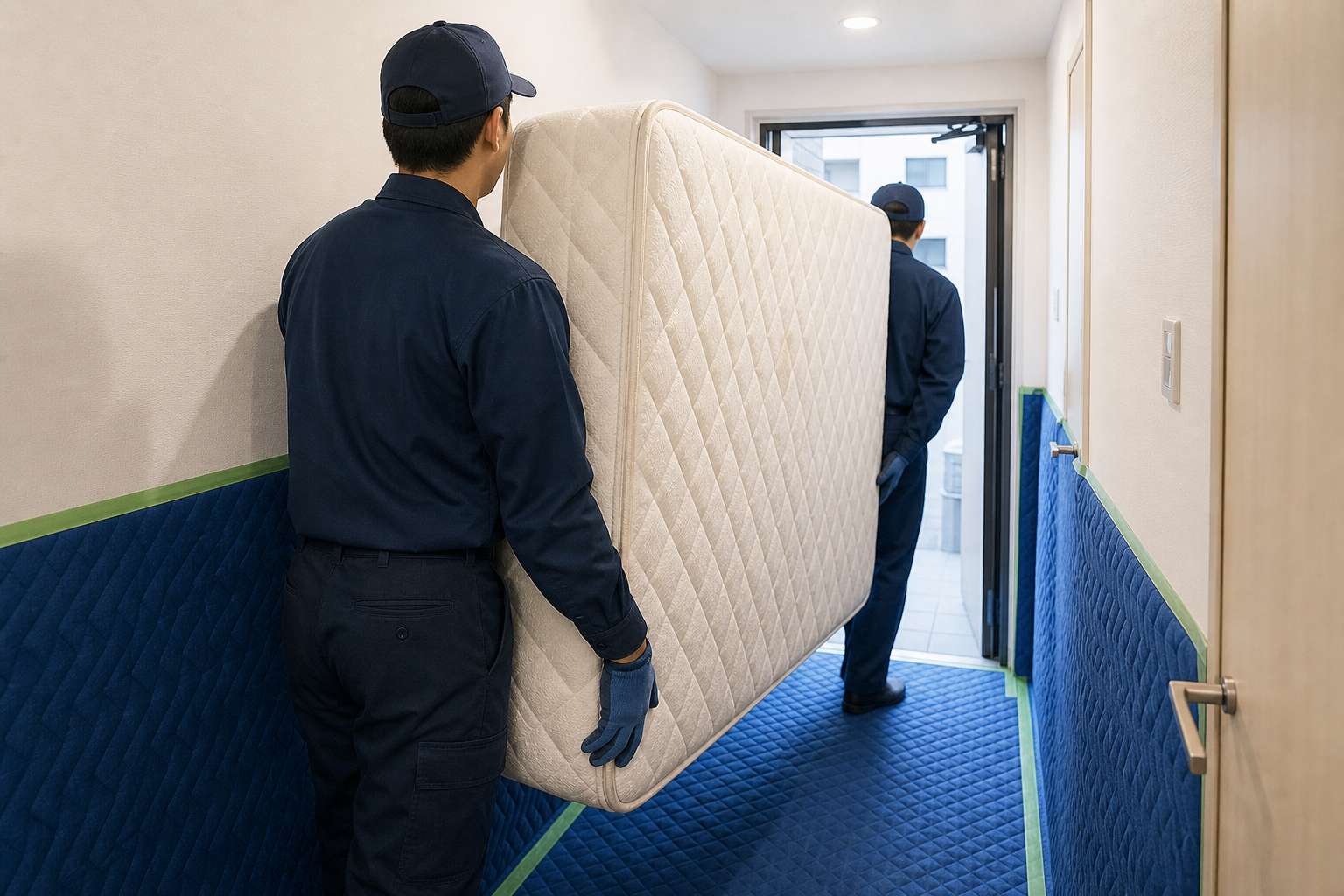 マットレスを室内から安全に搬出する様子